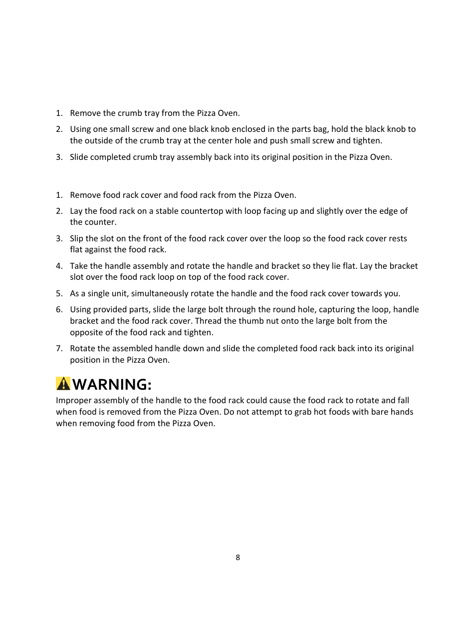 Assembly, Warning, Crumb tray | Handle assembly | Magic Chef MCSPZO12ST User Manual | Page 8 / 10