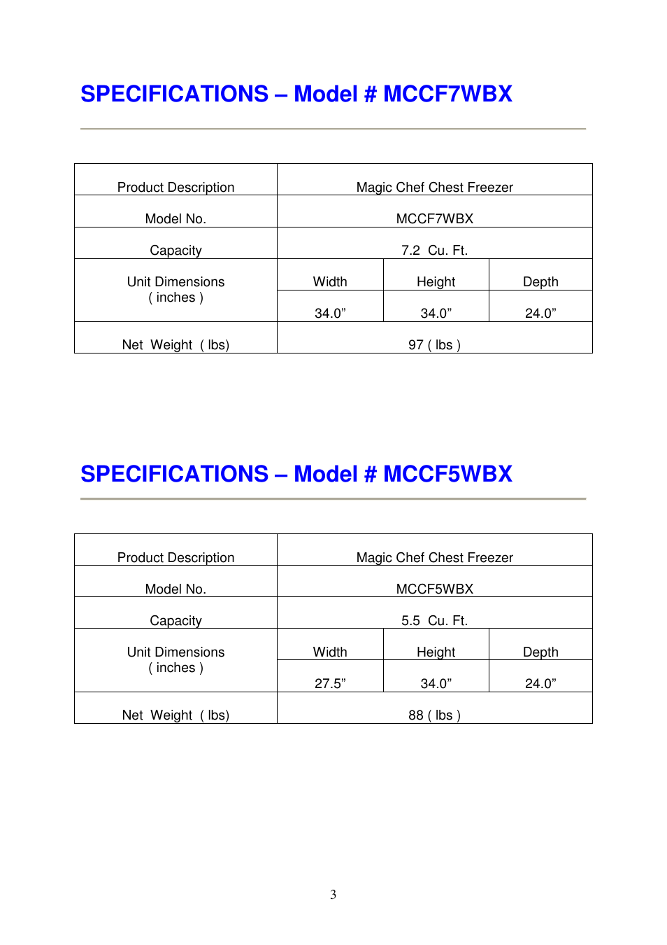 Specifications – model # mccf7wbx, Specifications – model # mccf5wbx | Magic Chef MCCF5WBX User Manual | Page 4 / 11
