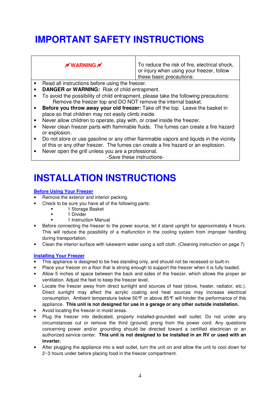 Important safety instructions, Installation instructions | Magic Chef MCCF5WBX User Manual | Page 5 / 11