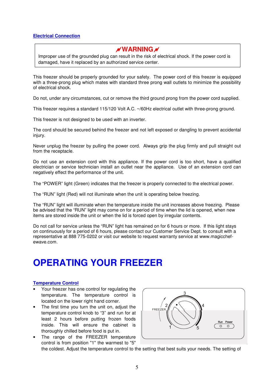 Operating your freezer, Warning | Magic Chef MCCF5WBX User Manual | Page 6 / 11