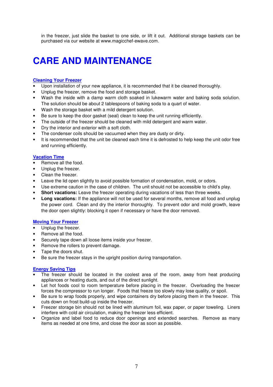 Care and maintenance | Magic Chef MCCF5WBX User Manual | Page 8 / 11
