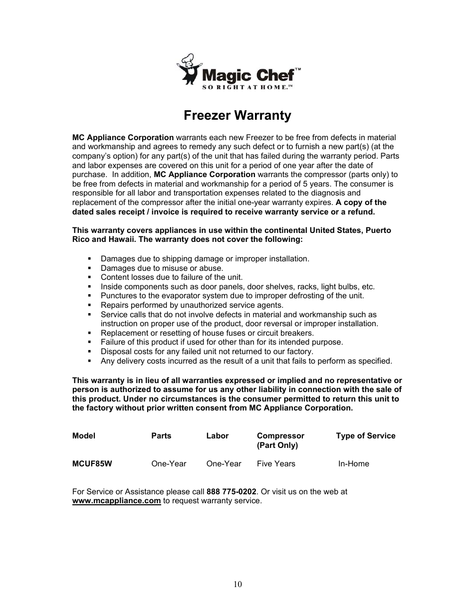 Freezer warranty | Magic Chef SO RIGHT AT HOME MCUF85W User Manual | Page 11 / 11