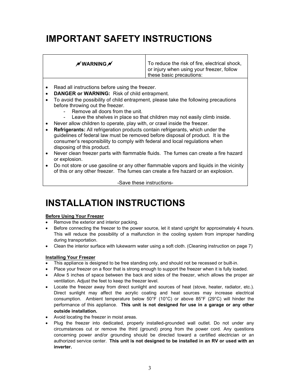Important safety instructions, Installation instructions | Magic Chef SO RIGHT AT HOME MCUF85W User Manual | Page 4 / 11