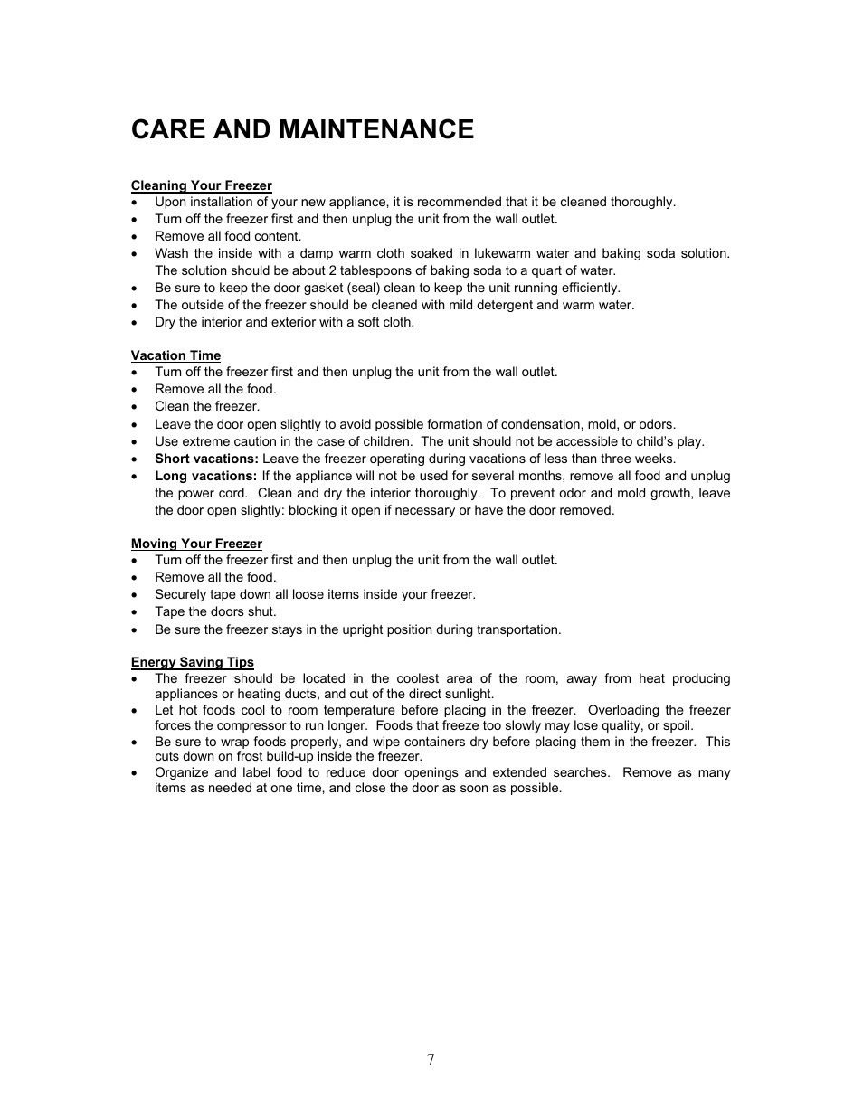 Care and maintenance | Magic Chef SO RIGHT AT HOME MCUF85W User Manual | Page 8 / 11