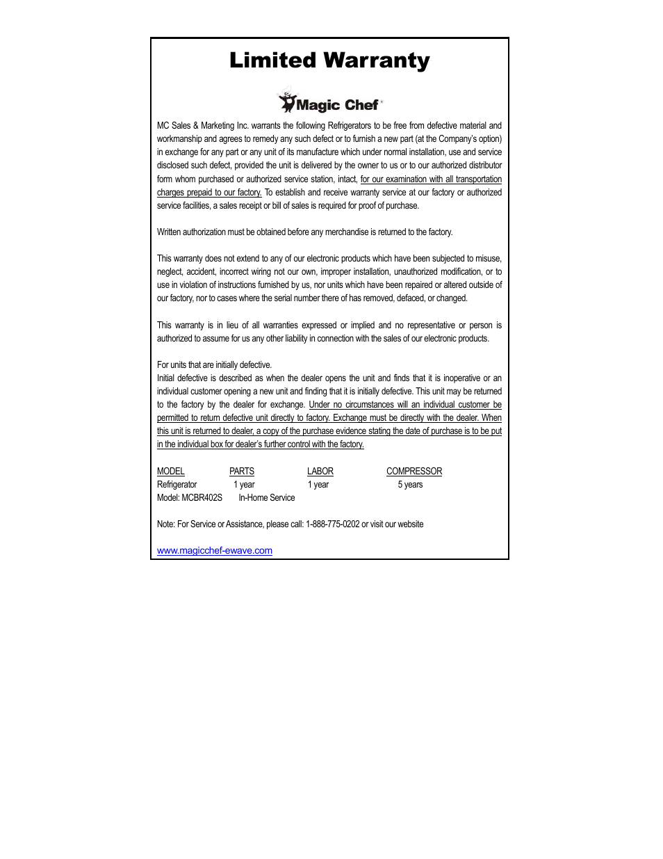 Limited warranty | Magic Chef MCBR402S User Manual | Page 9 / 10