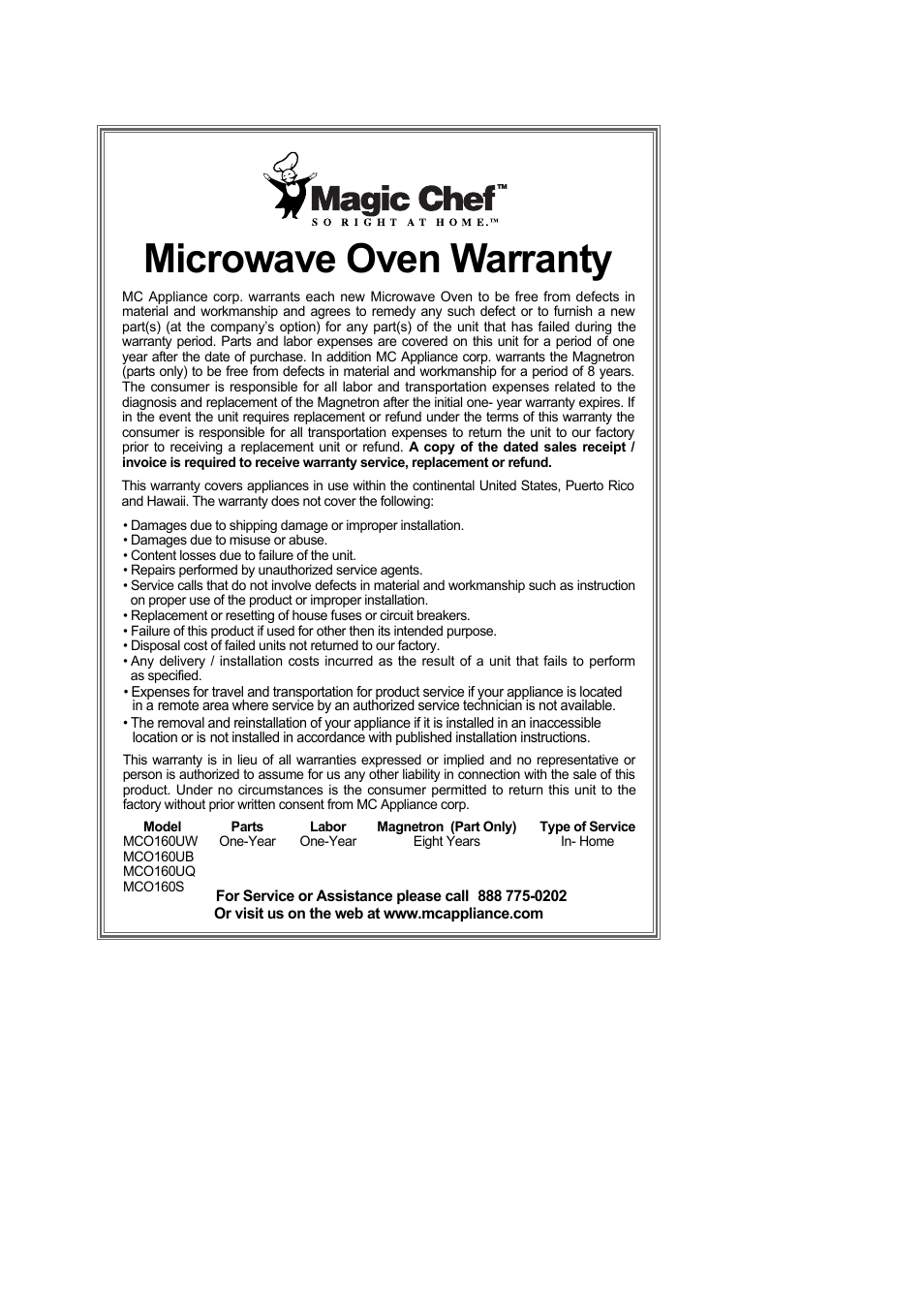 Microwave oven warranty | Magic Chef MCO160S User Manual | Page 23 / 23