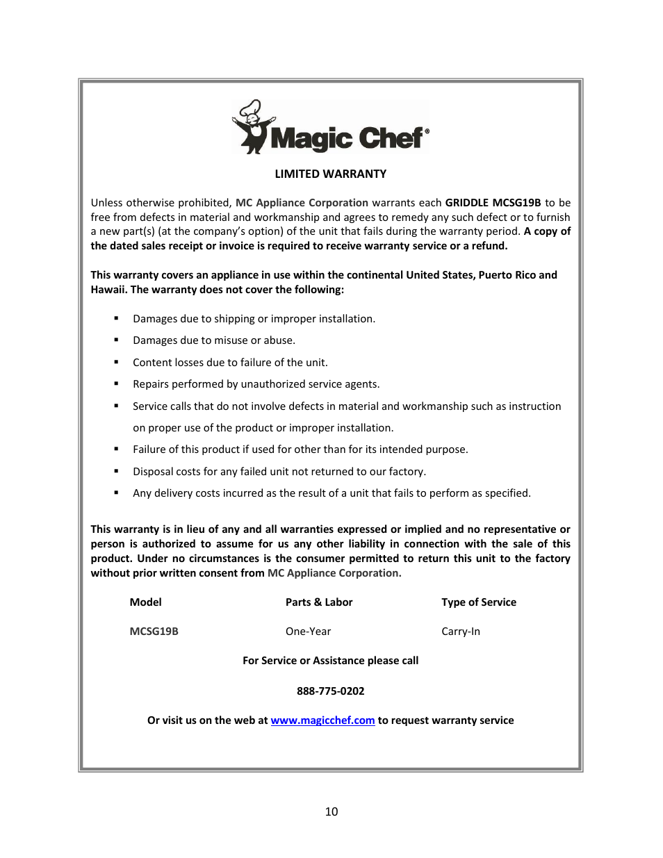 Magic Chef MCSG19B User Manual | Page 10 / 10