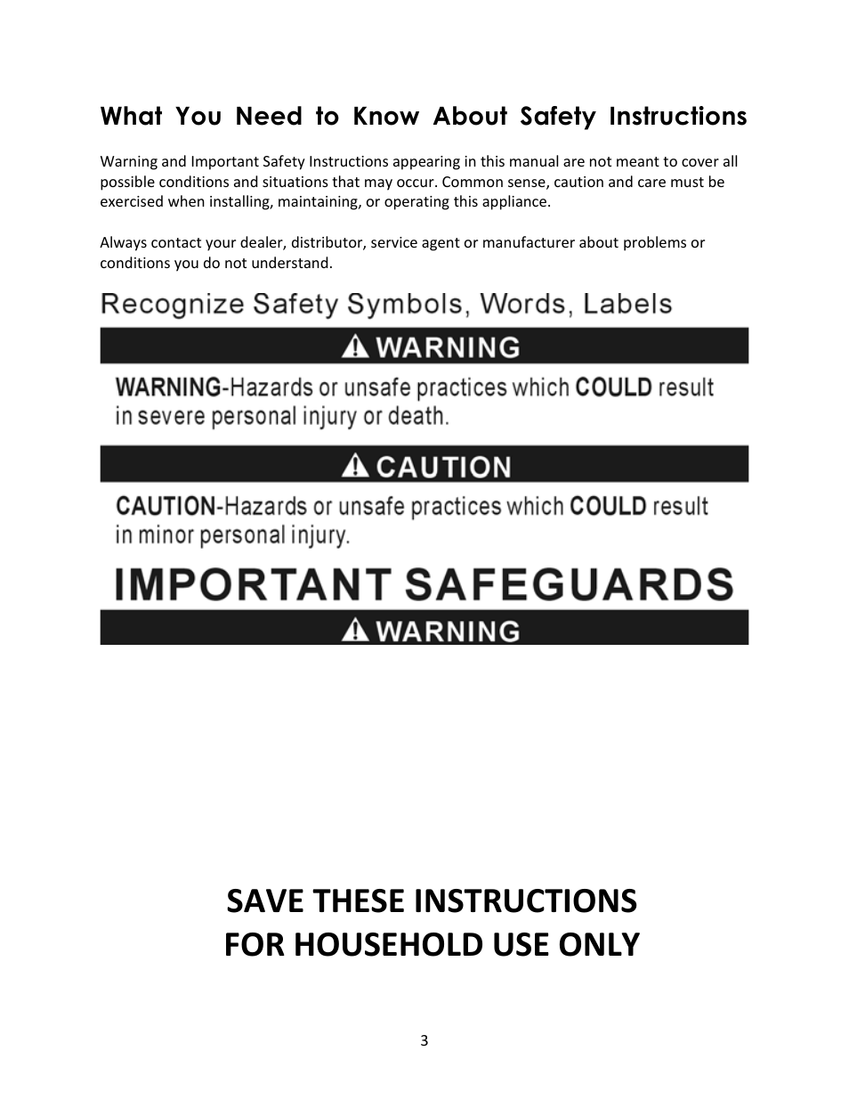 Save these instructions for household use only, What you need to know about safety instructions | Magic Chef MCSG19B User Manual | Page 3 / 10