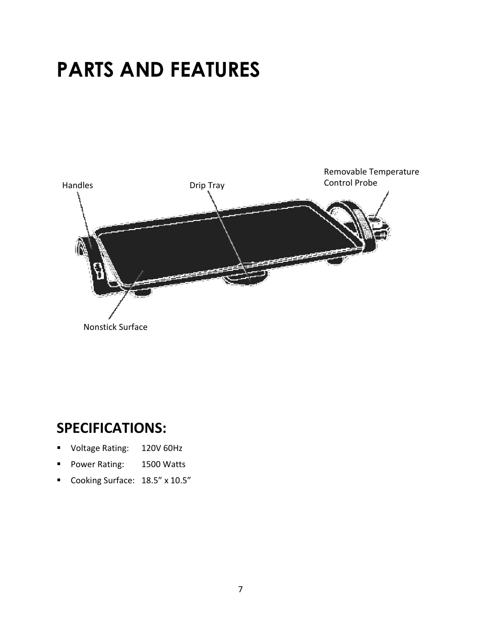 Parts and features, Specifications | Magic Chef MCSG19B User Manual | Page 7 / 10