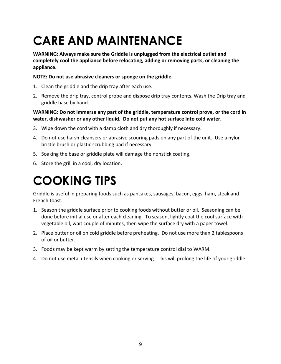 Care and maintenance, Cooking tips | Magic Chef MCSG19B User Manual | Page 9 / 10