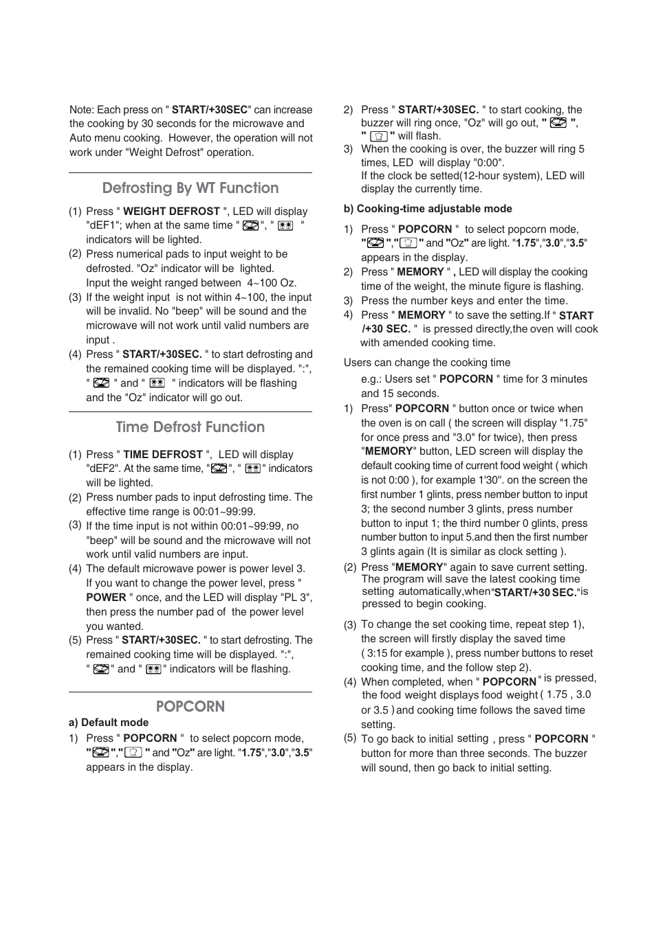 Popcorn defrosting by wt function, Time defrost function | Magic Chef MCM990ST User Manual | Page 10 / 18