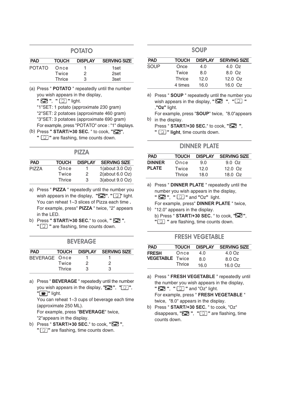Pizza potato, Beverage, Soup | Dinner plate, Fresh vegetable | Magic Chef MCM990ST User Manual | Page 11 / 18