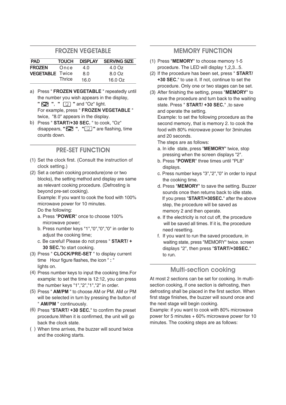 Frozen vegetable, Pre-set function | Magic Chef MCM990ST User Manual | Page 12 / 18