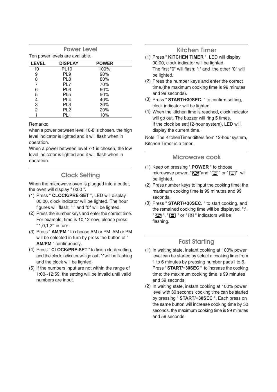 Power level, Clock setting, Kitchen timer microwave cook fast starting | Magic Chef MCM990ST User Manual | Page 9 / 18