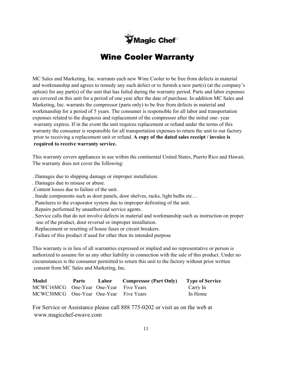 Wine cooler warranty | Magic Chef MCWC16MCG User Manual | Page 12 / 12