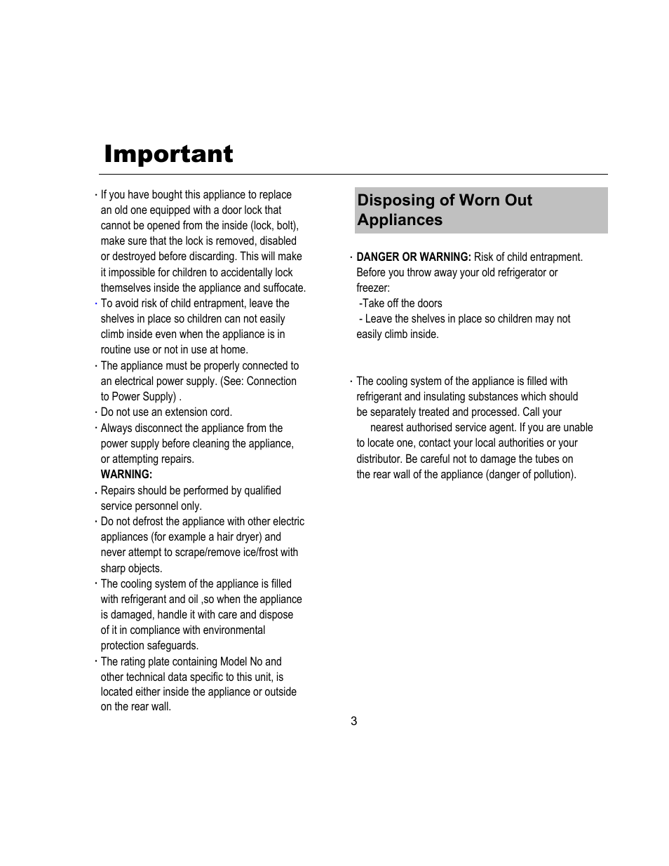 Important, Disposing of worn out appliances | Magic Chef MCWC16MCG User Manual | Page 4 / 12