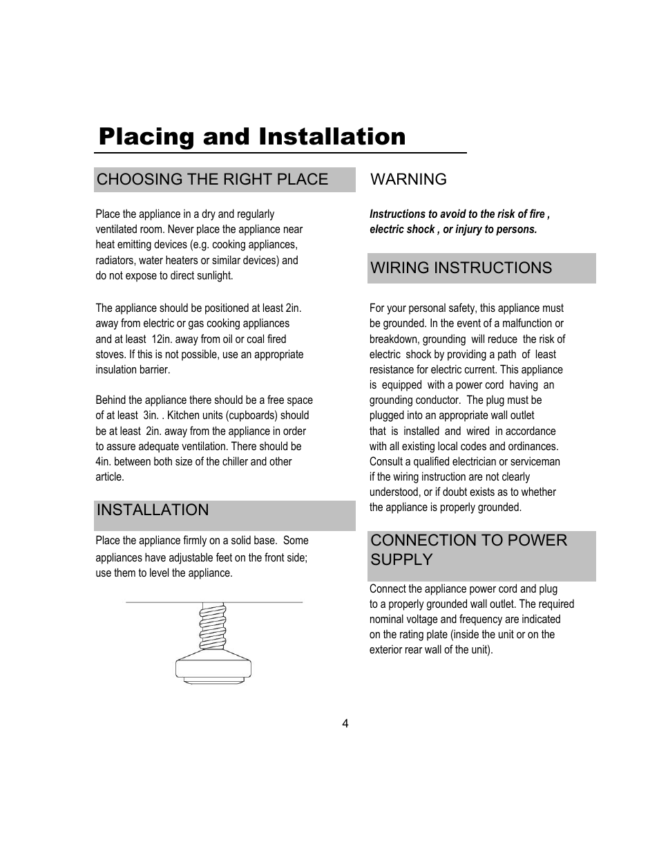 Placing and installation | Magic Chef MCWC16MCG User Manual | Page 5 / 12
