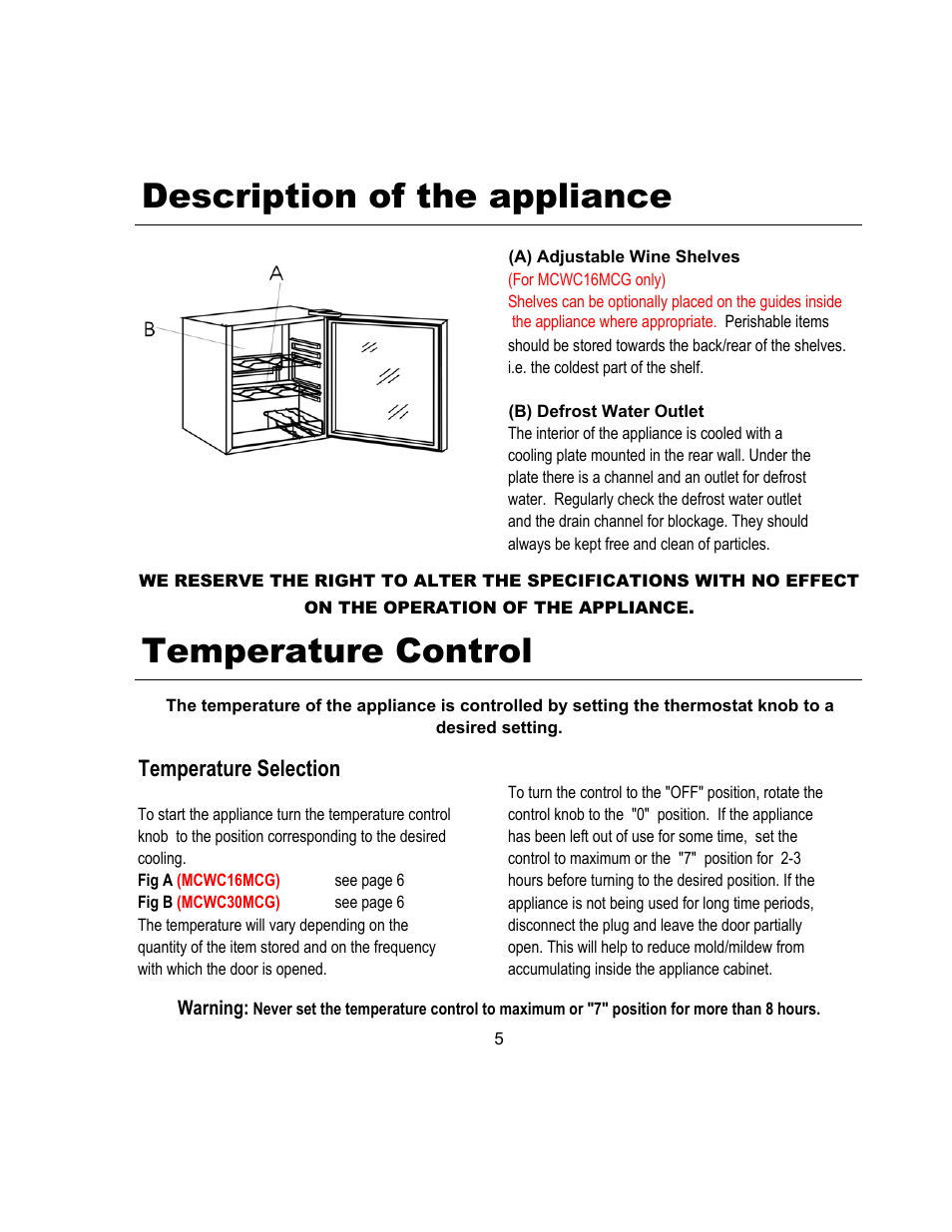 Description of the appliance, Temperature control, Temperature selection | Magic Chef MCWC16MCG User Manual | Page 6 / 12