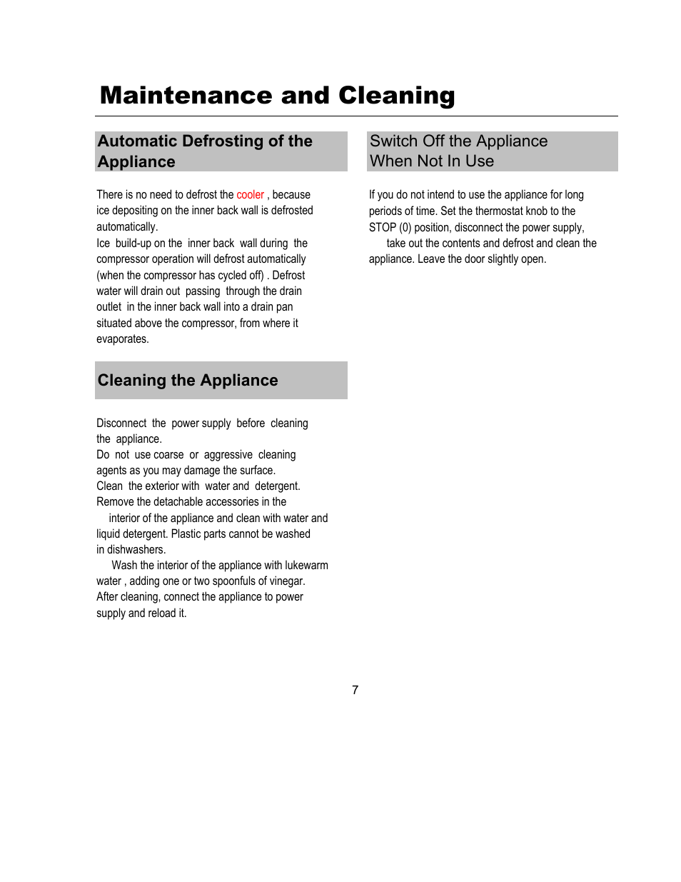 Maintenance and cleaning, Cleaning the appliance, Automatic defrosting of the appliance | Switch off the appliance when not in use | Magic Chef MCWC16MCG User Manual | Page 8 / 12