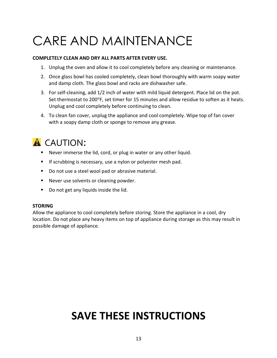 Care and maintenance, Save these instructions, Caution | Magic Chef MCSGC12W User Manual | Page 13 / 14