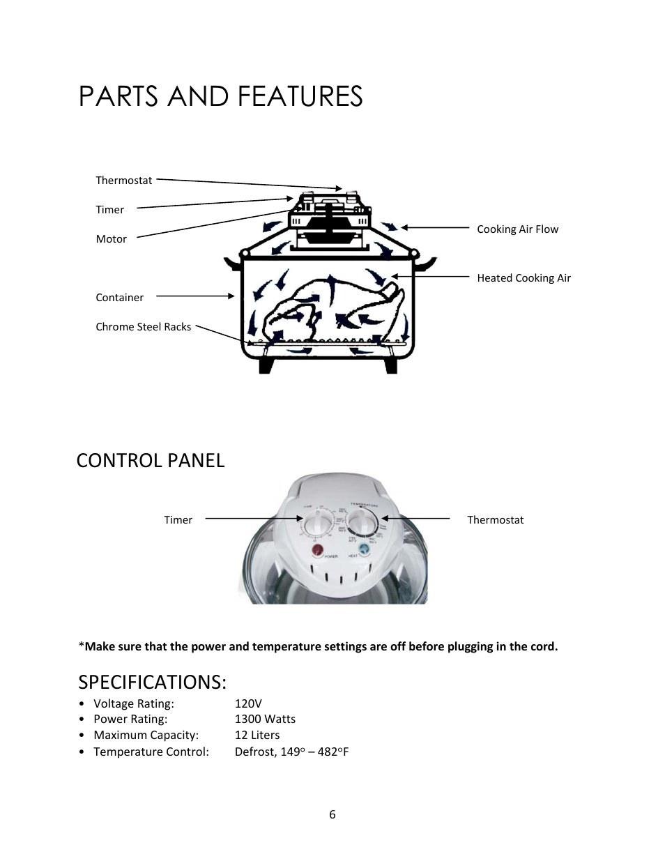 Parts and features, Specifications, Control panel | Magic Chef MCSGC12W User Manual | Page 6 / 14