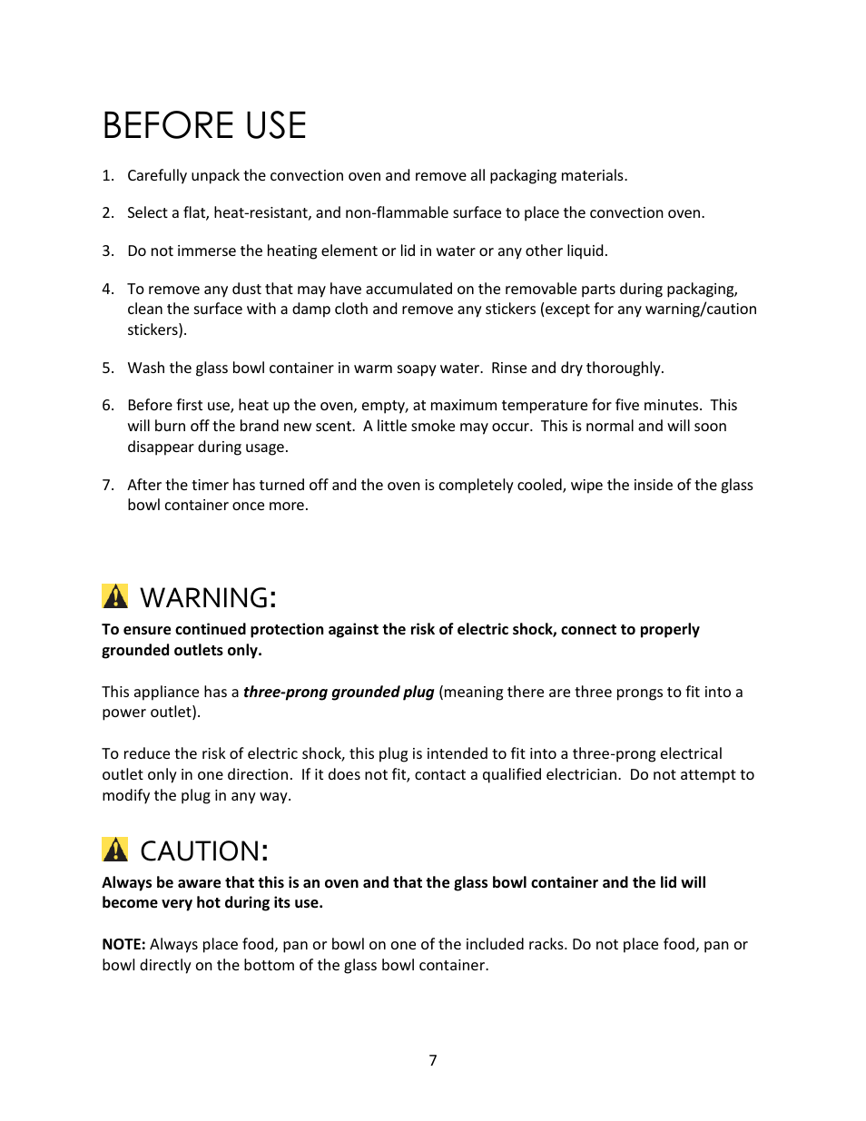 Before use, Warning, Caution | Magic Chef MCSGC12W User Manual | Page 7 / 14
