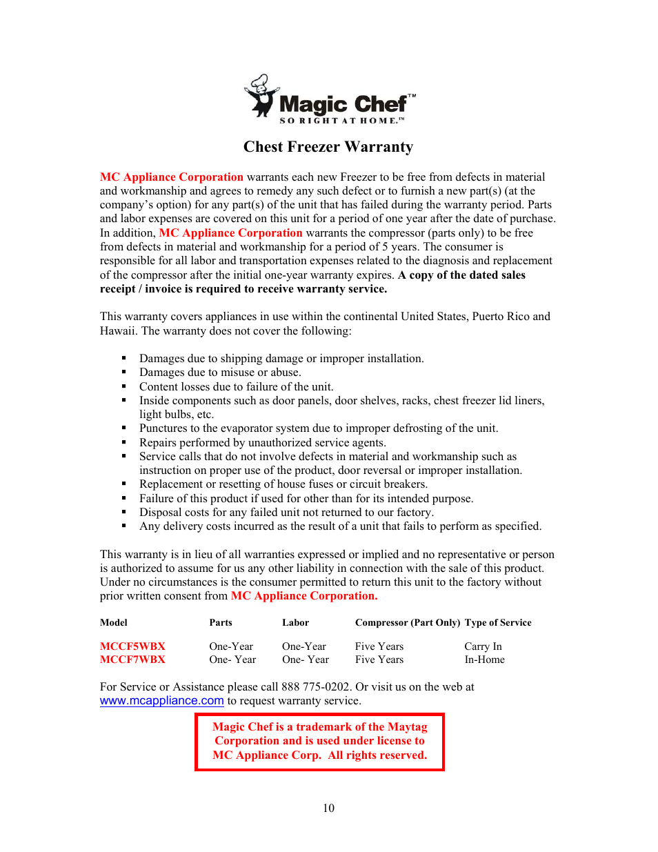 Chest freezer warranty | Magic Chef SO RIGHT AT HOME MCCF7WBX User Manual | Page 11 / 11