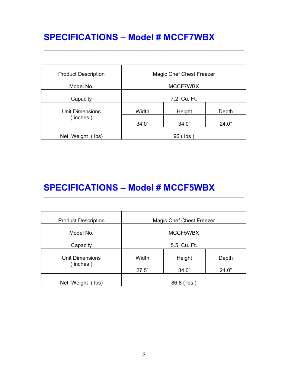 Specifications – model # mccf7wbx, Specifications – model # mccf5wbx | Magic Chef SO RIGHT AT HOME MCCF7WBX User Manual | Page 4 / 11