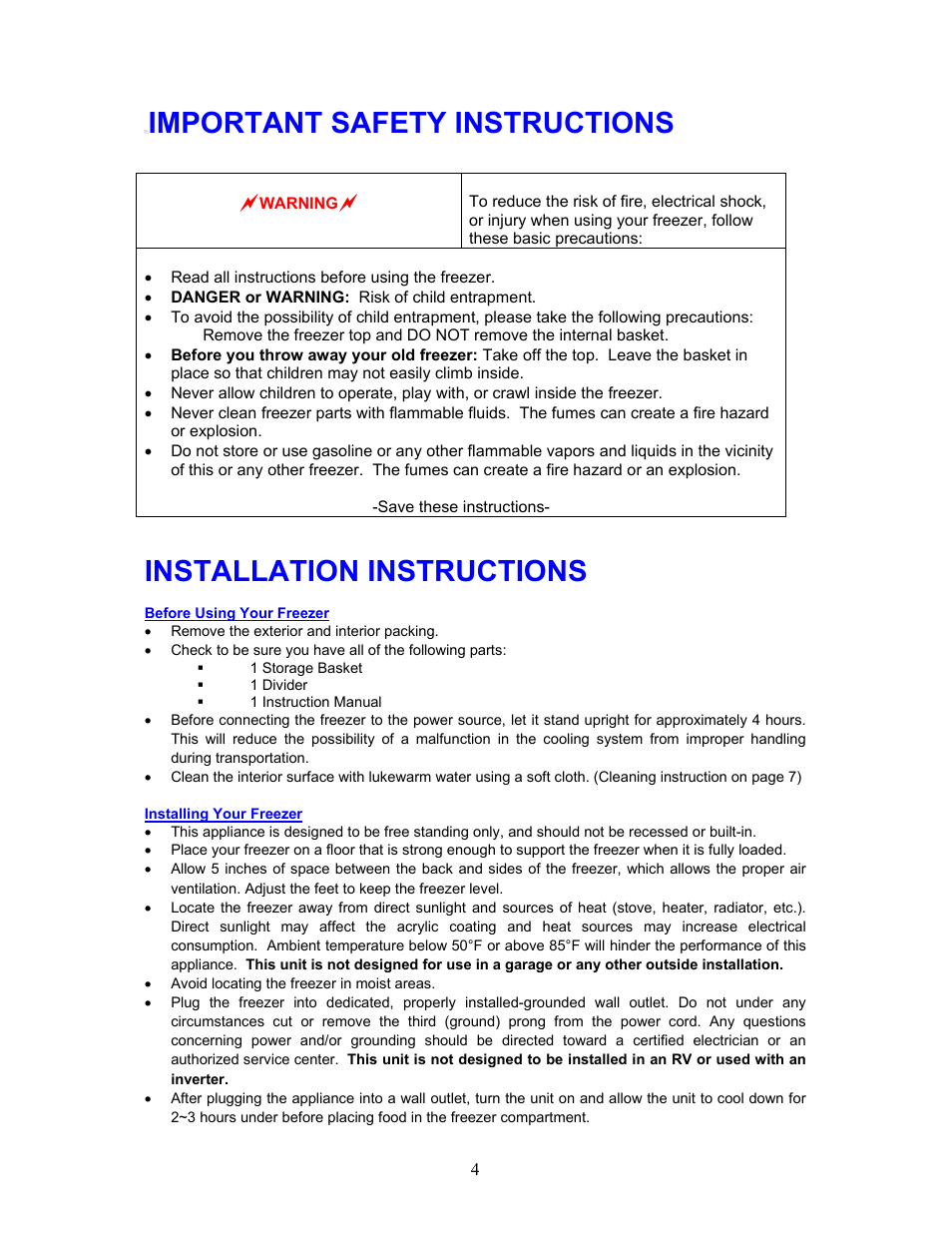 Important safety instructions, Installation instructions | Magic Chef SO RIGHT AT HOME MCCF7WBX User Manual | Page 5 / 11