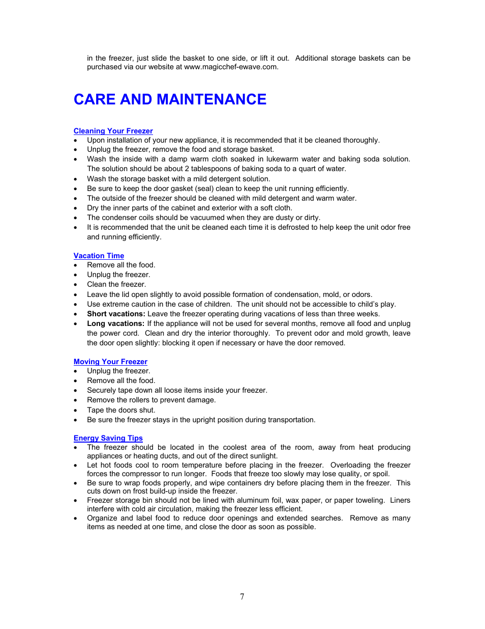 Care and maintenance | Magic Chef SO RIGHT AT HOME MCCF7WBX User Manual | Page 8 / 11