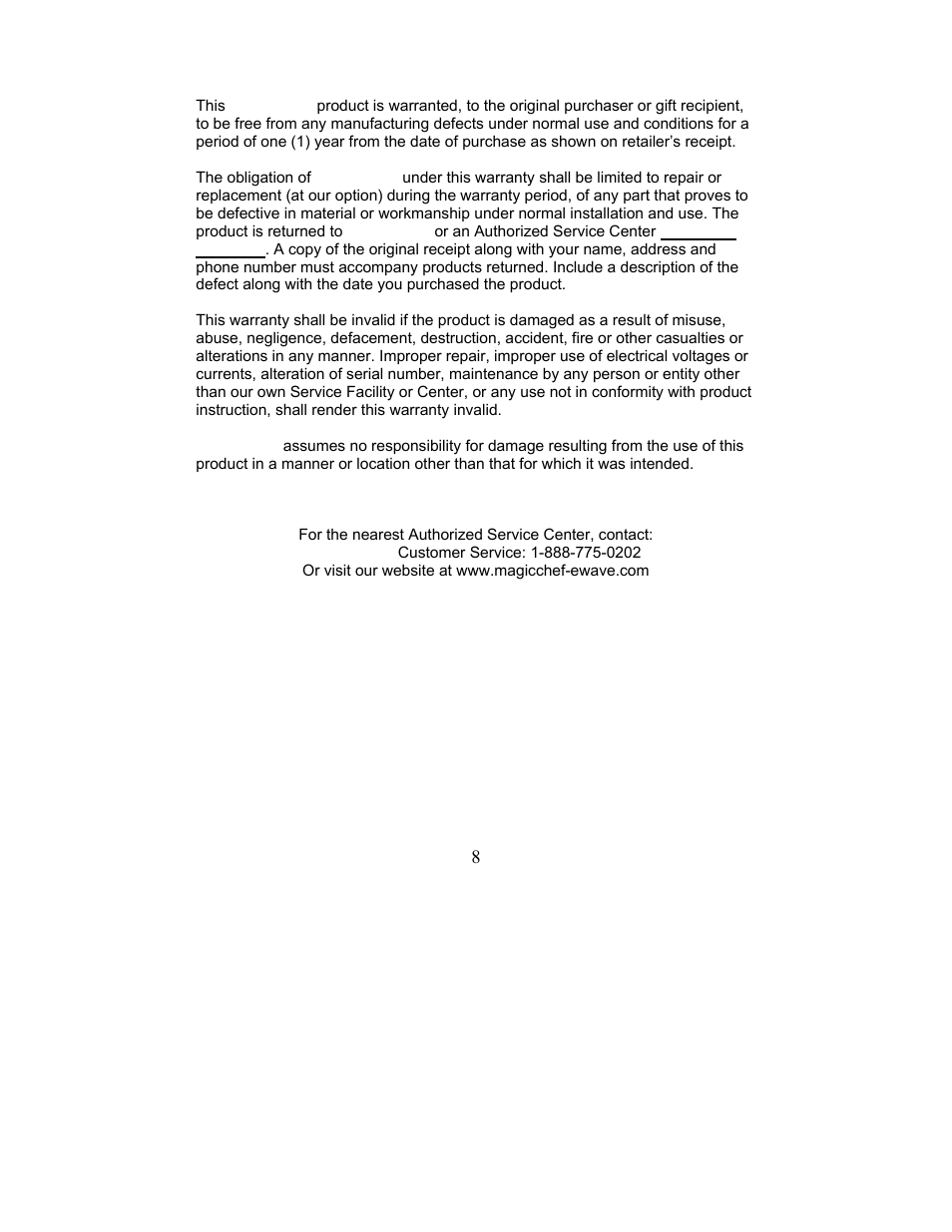Magic chef limited warranty | Magic Chef MCHM1W User Manual | Page 8 / 18