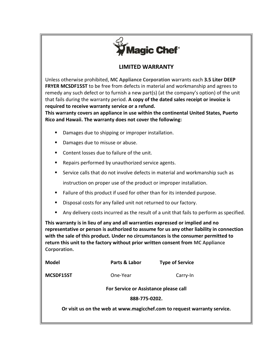 Magic Chef MCSDF15ST User Manual | Page 13 / 13