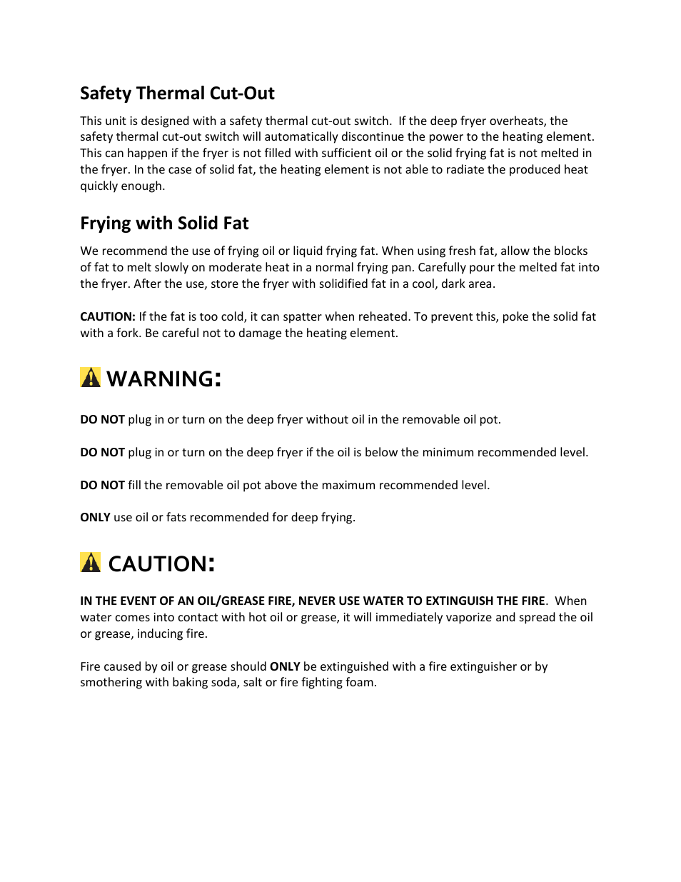 Warning, Caution, Safety thermal cut-out | Frying with solid fat | Magic Chef MCSDF15ST User Manual | Page 6 / 13