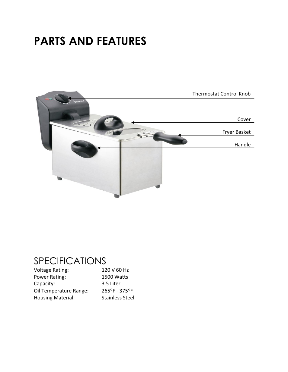 Parts and features, Specifications | Magic Chef MCSDF15ST User Manual | Page 7 / 13