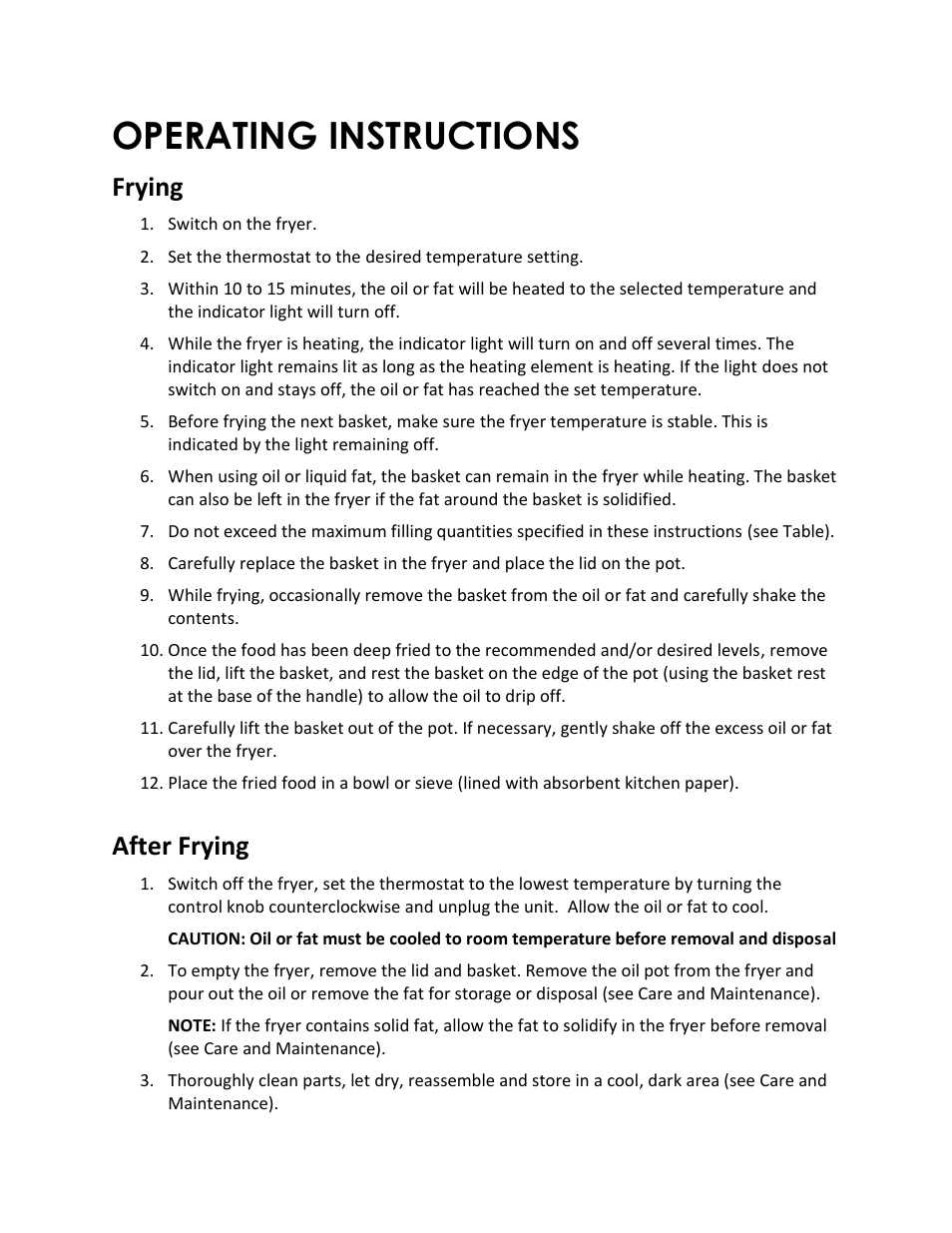 Operating instructions, Frying, After frying | Magic Chef MCSDF15ST User Manual | Page 9 / 13