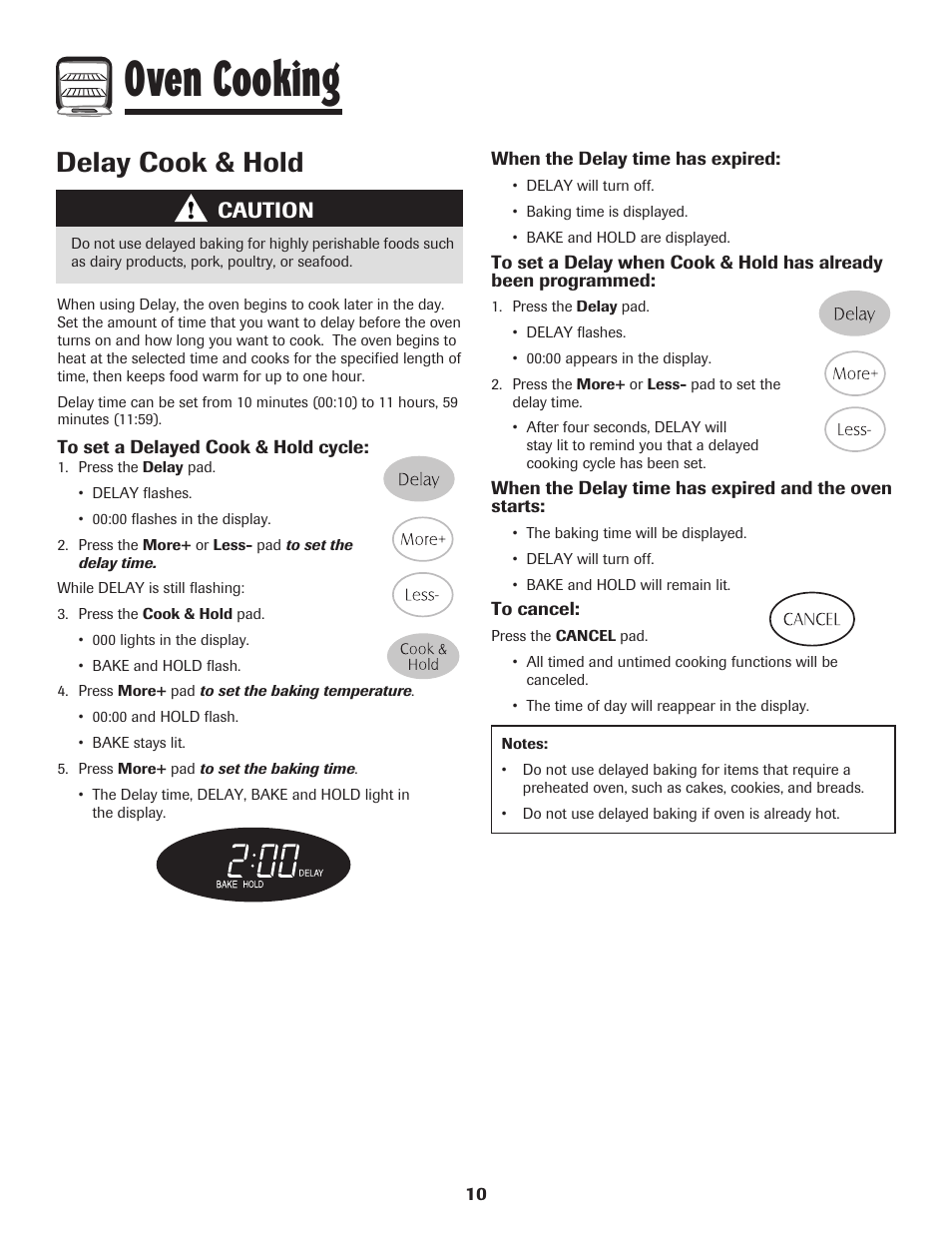 Oven cooking, Delay cook & hold, Caution | Magic Chef 500 User Manual | Page 11 / 80
