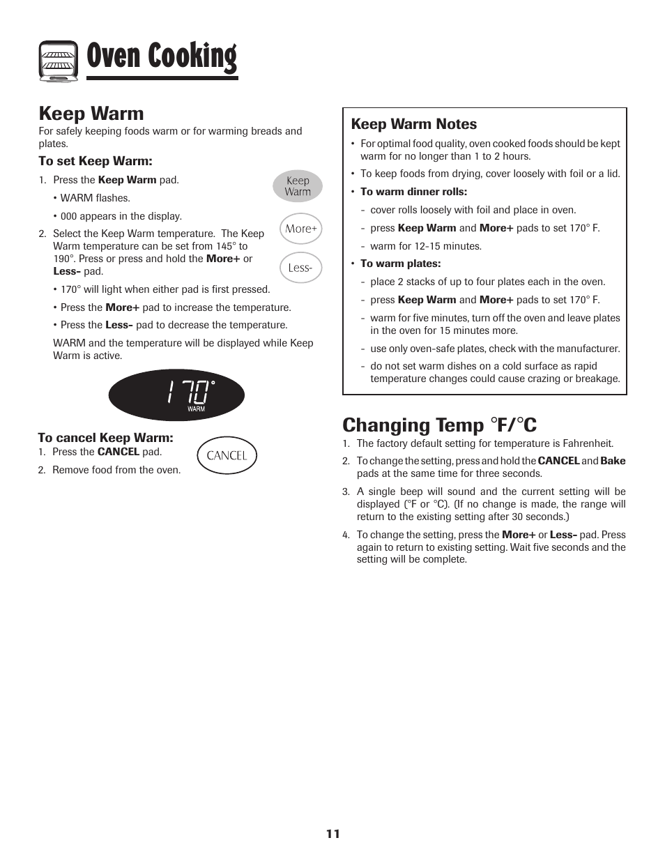 Oven cooking, Keep warm, Changing temp | Magic Chef 500 User Manual | Page 12 / 80