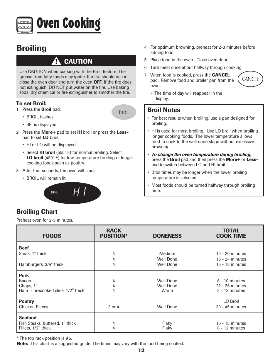 Oven cooking, Broiling, Broiling chart | Caution | Magic Chef 500 User Manual | Page 13 / 80