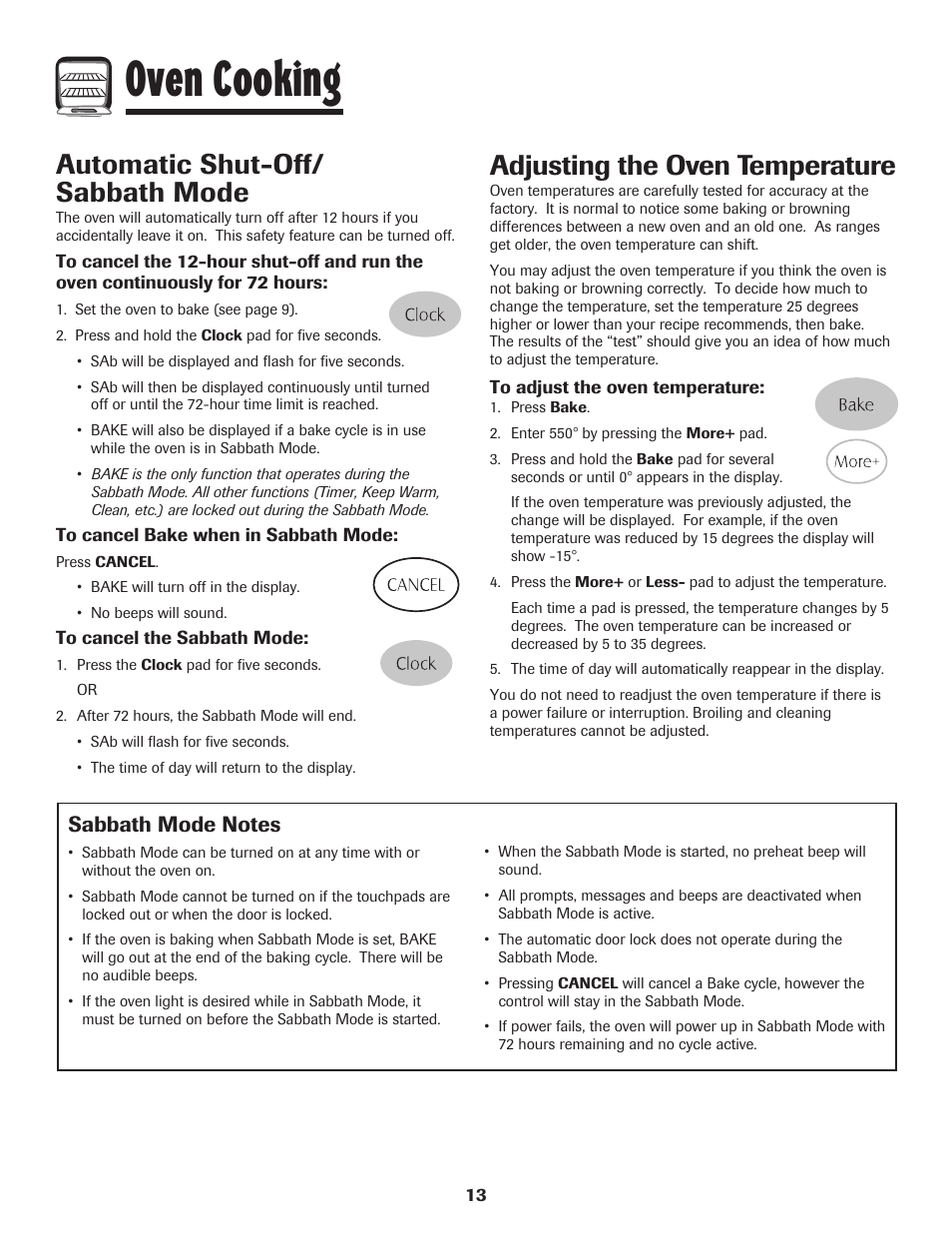 Oven cooking, Automatic shut-off/ sabbath mode, Adjusting the oven temperature | Magic Chef 500 User Manual | Page 14 / 80