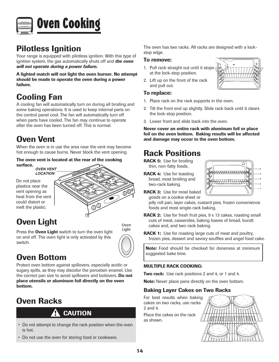 Oven cooking, Oven vent, Oven light | Oven bottom, Oven racks, Rack positions, Pilotless ignition, Cooling fan | Magic Chef 500 User Manual | Page 15 / 80