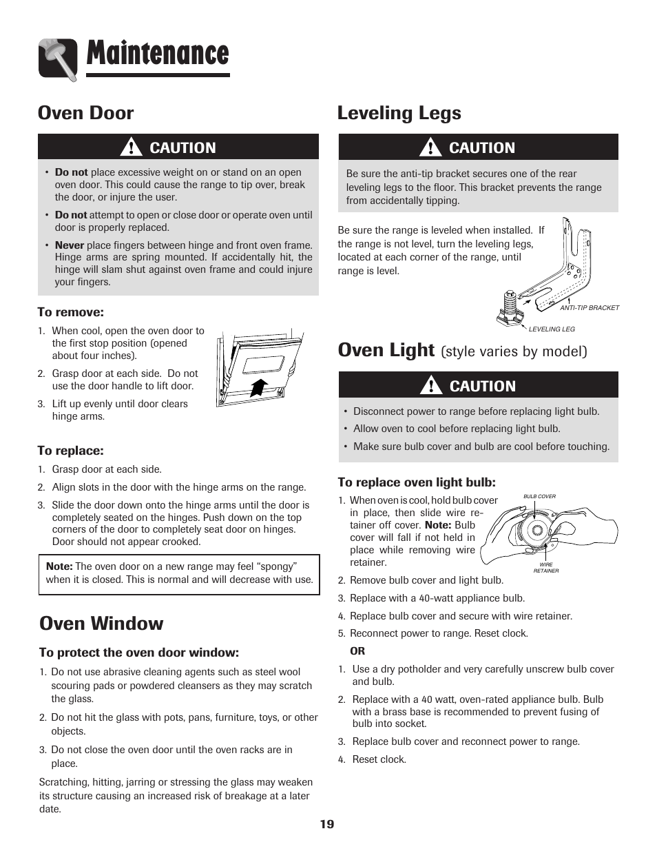 Maintenance, Oven window, Leveling legs | Oven door, Oven light, Caution, Style varies by model) caution | Magic Chef 500 User Manual | Page 20 / 80