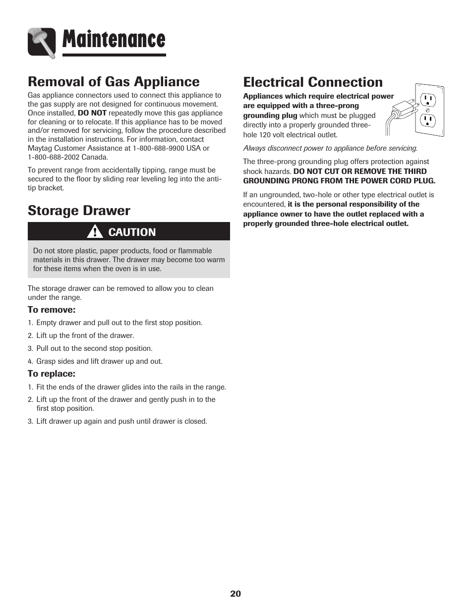 Maintenance, Storage drawer, Removal of gas appliance | Electrical connection | Magic Chef 500 User Manual | Page 21 / 80
