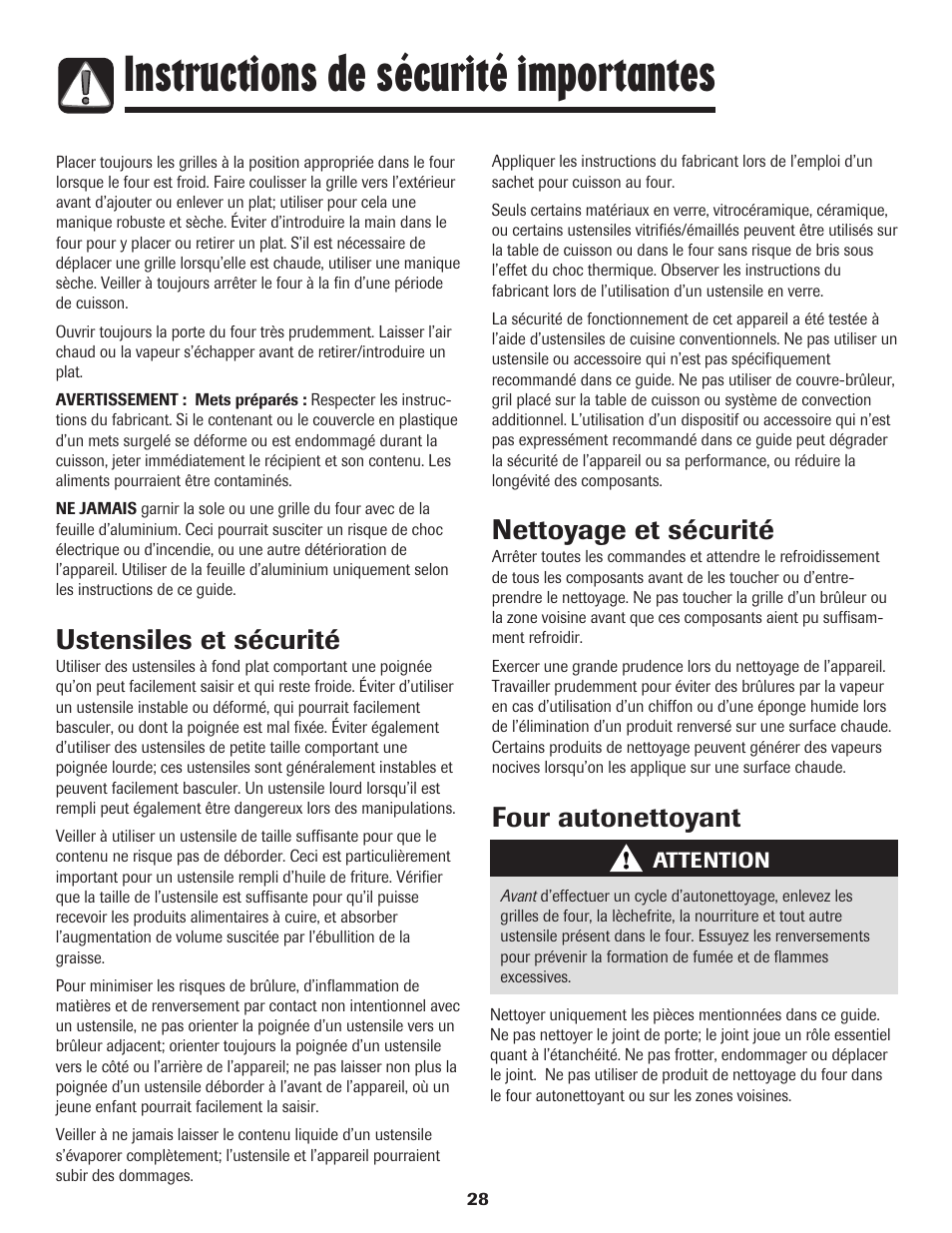 Instructions de sécurité importantes, Ustensiles et sécurité, Nettoyage et sécurité | Four autonettoyant | Magic Chef 500 User Manual | Page 29 / 80