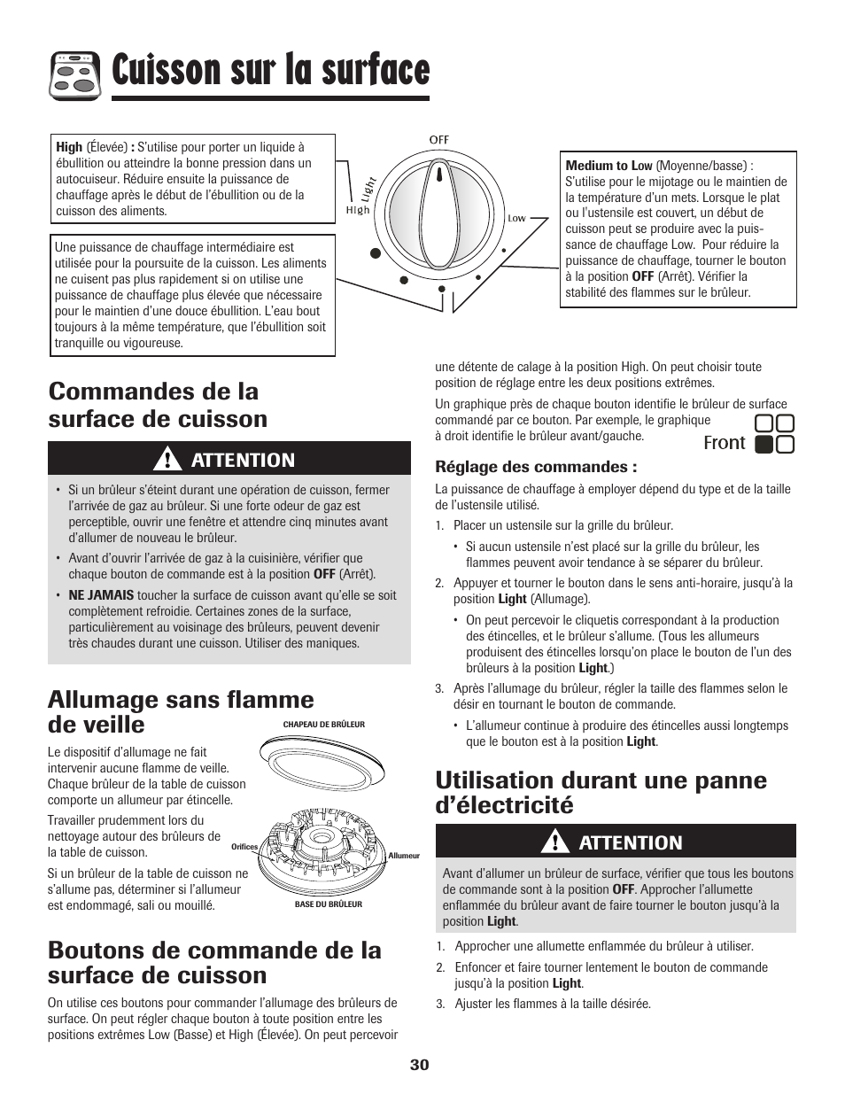 Cuisson sur la surface, Attention | Magic Chef 500 User Manual | Page 31 / 80