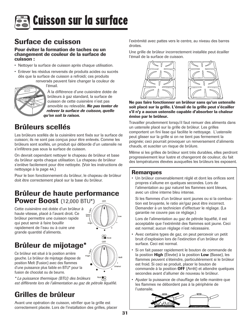 Cuisson sur la surface, Surface de cuisson, Grilles de brûleur | Brûleurs scellés, Brûleur de haute performance power boost, Brûleur de mijotage | Magic Chef 500 User Manual | Page 32 / 80