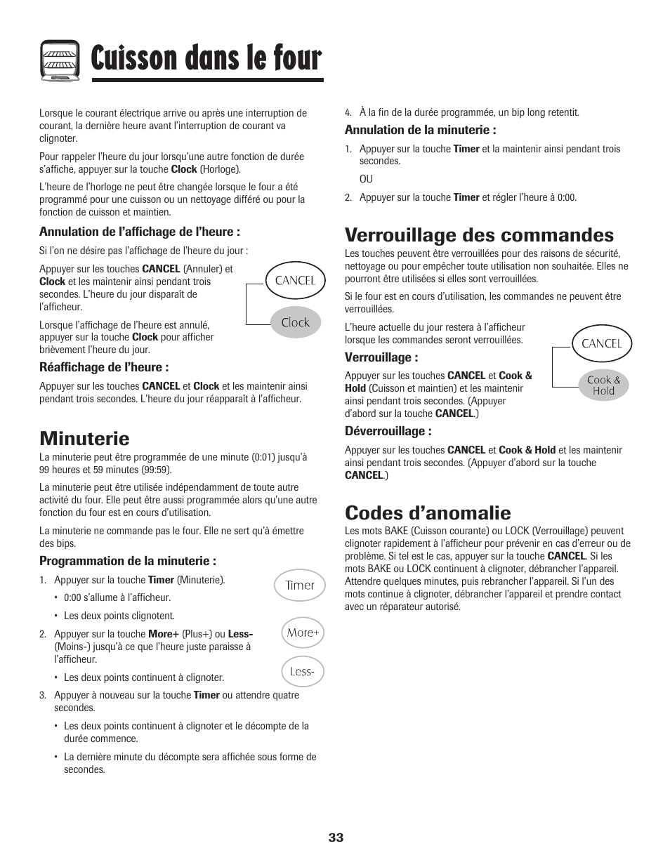 Cuisson dans le four, Minuterie, Verrouillage des commandes | Codes d’anomalie | Magic Chef 500 User Manual | Page 34 / 80