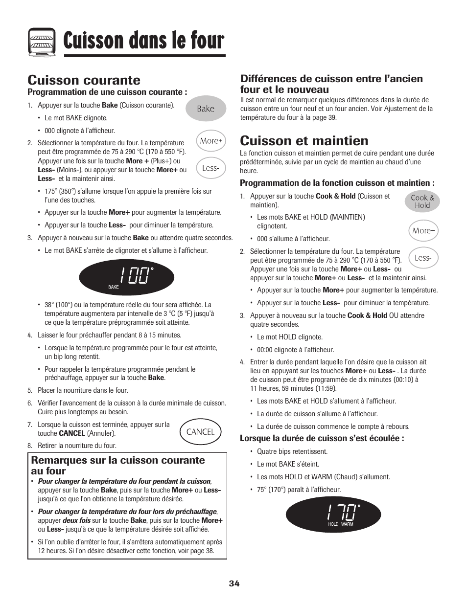 Cuisson dans le four, Cuisson courante, Cuisson et maintien | Remarques sur la cuisson courante au four | Magic Chef 500 User Manual | Page 35 / 80