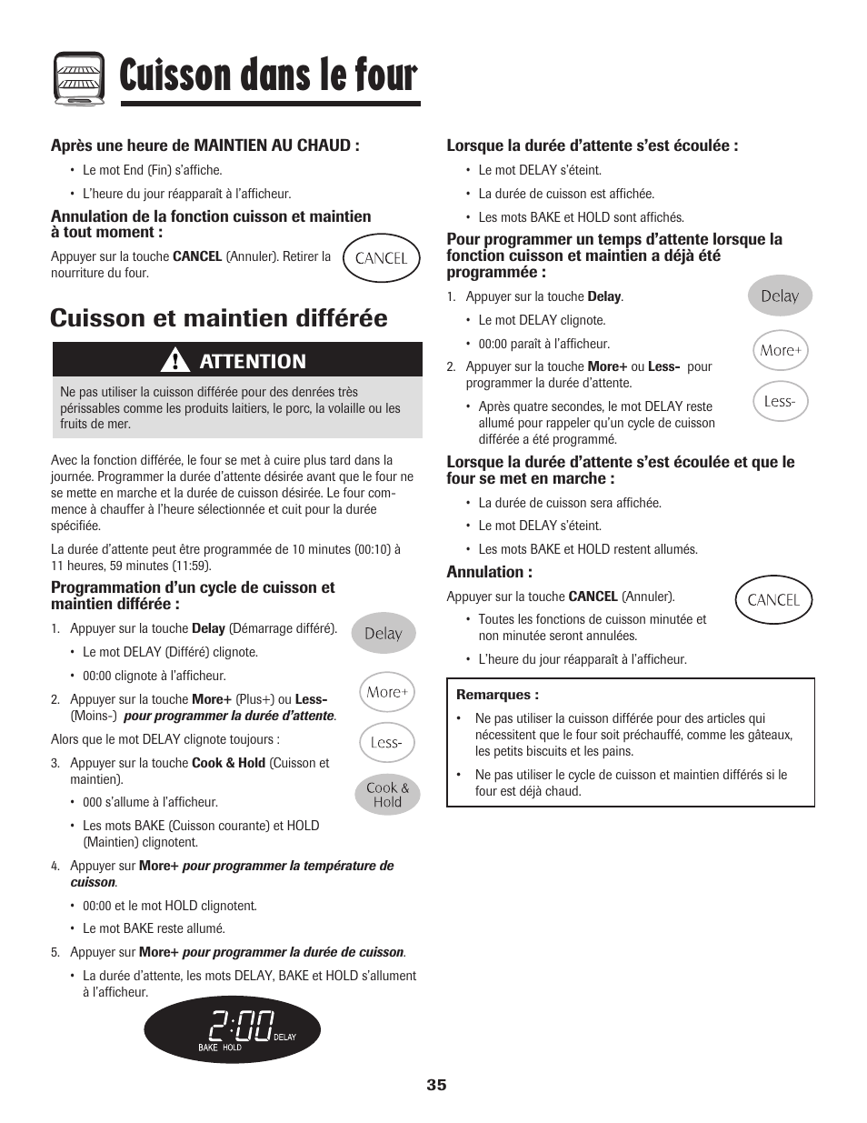Cuisson dans le four, Cuisson et maintien différée, Attention | Magic Chef 500 User Manual | Page 36 / 80
