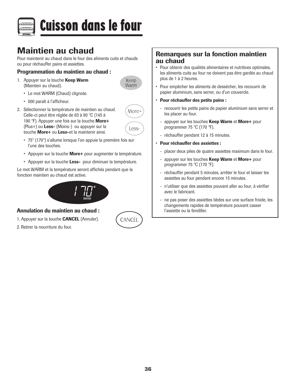 Cuisson dans le four, Maintien au chaud, Remarques sur la fonction maintien au chaud | Magic Chef 500 User Manual | Page 37 / 80
