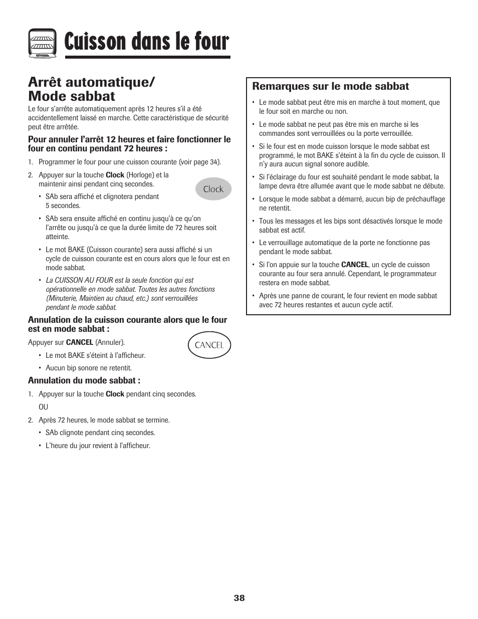 Cuisson dans le four, Arrêt automatique/ mode sabbat, Remarques sur le mode sabbat | Magic Chef 500 User Manual | Page 39 / 80
